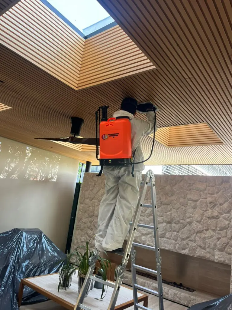 Técnico da AJM realizando descupinização em forro de madeira